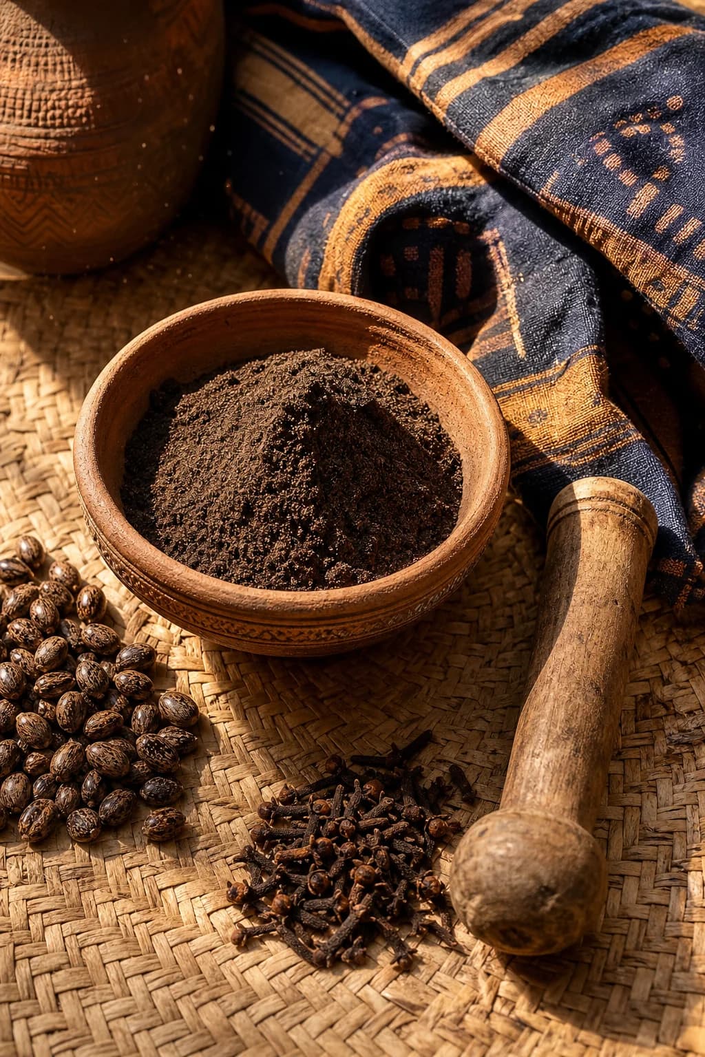 The origin of the Chébé ritual — clay bowl, seeds and Sahel textile