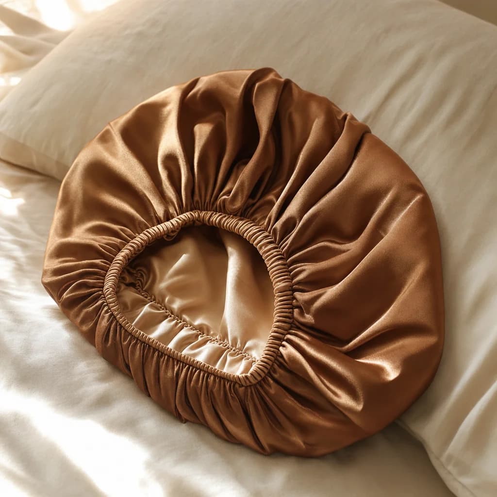 Double-layered satin bonnet on cream linen pillow