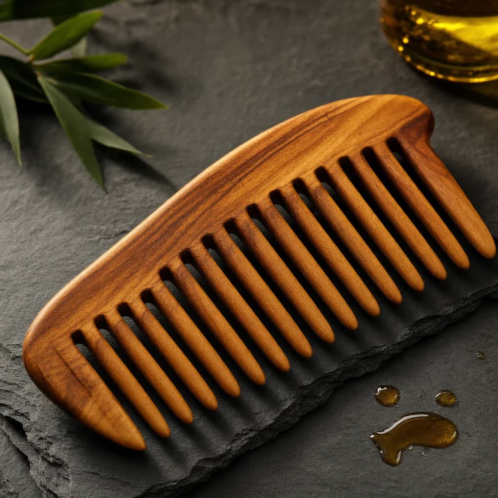 Sandalwood wide-tooth comb with visible wood grain